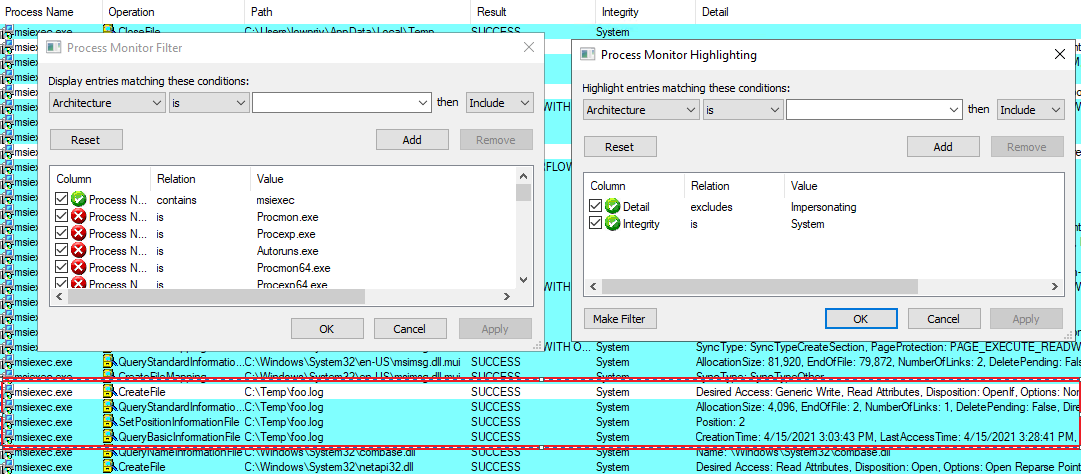 Configured Procmon filters